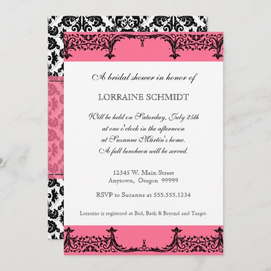 Invitation Fête de l'mariée Black n White Fleur de Lis Damask (Devant / Derrière)