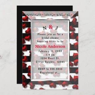 Invitation Fête de l'mariée Black White Stripes & Red Hearts