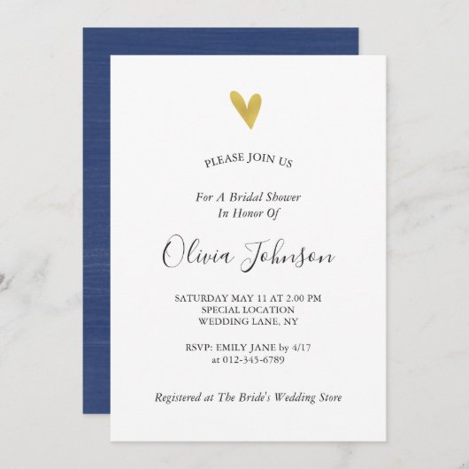 Invitation Fête de l'mariée bleue de Gold Heart Navy (Devant / Derrière)