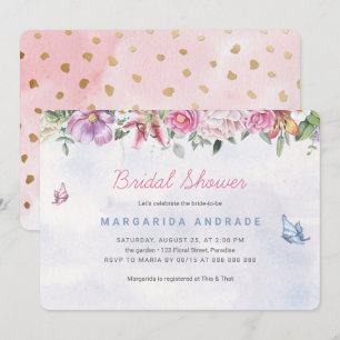 Invitation Fête de l'mariée bohème Aquarelle Floral Pink Gold