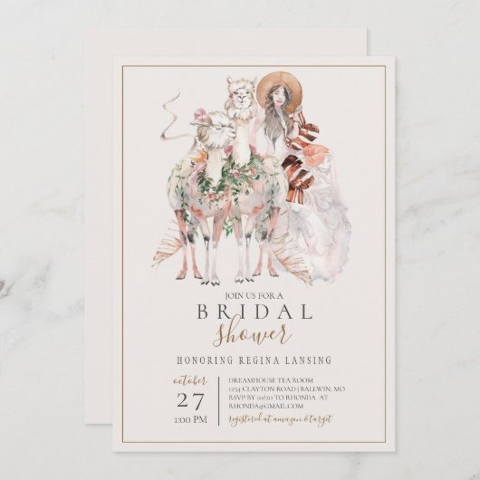 Invitation Fête de l'mariée Boho Bride et Llamas (Devant / Derrière)