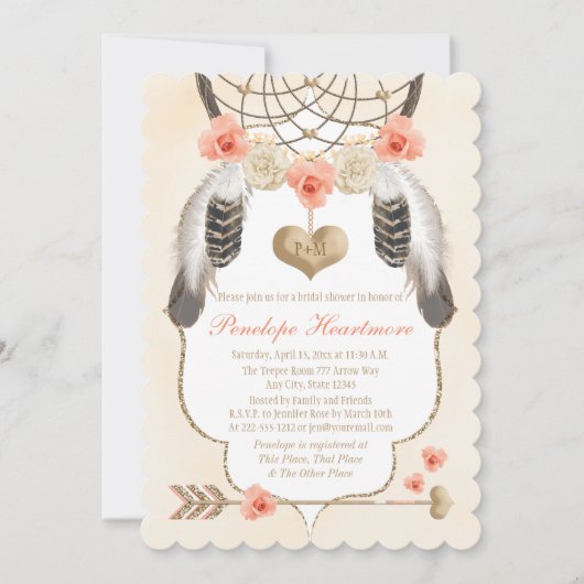 Invitation Fête de l'mariée Boho Gold et Blush Dreamcatcher (Devant)