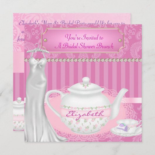 Invitation Fête de l'mariée Brunch Teapot & Teacup Damask (Devant / Derrière)