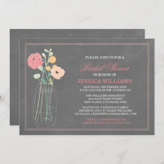 Invitation Fête de l'mariée chic de Shabby| Corail (Devant / Derrière)