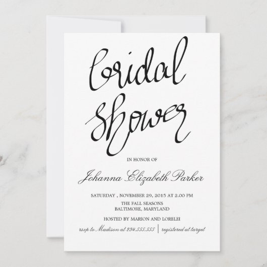 Invitation Fête de l'mariée Classique Noir Et Blanc De Script (Devant)