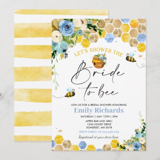 Invitation Fête de l'mariée d'abeilles Bleu & Gold Floral Mar (Devant / Derrière)