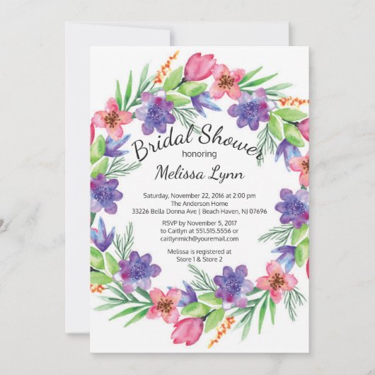 Invitation Fête de l'mariée d'aquarelle à fleurs violettes et (Devant)