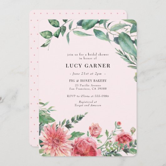 Invitation Fête de l'mariée d'aquarelle rose verte (Devant / Derrière)