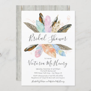 Invitation Fête de l'mariée d'aquarelle Rustic Boho Feathers