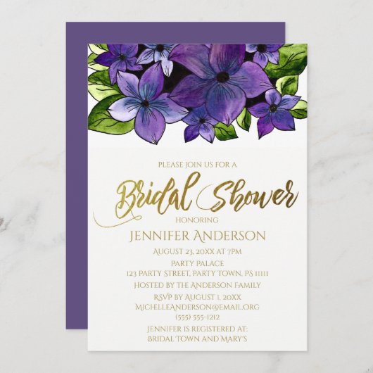 Invitation Fête de l'mariée de bouquet de fleurs bleues mauve (Devant / Derrière)