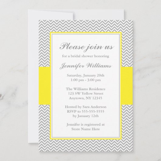 Invitation Fête de l'mariée de Chevron jaune et gris (Devant)