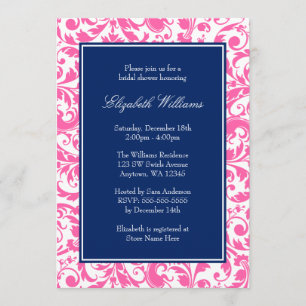 Invitation Fête de l'mariée de Damas de Navy Blue and Pink Sw