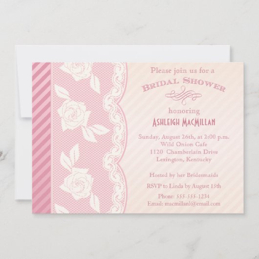 Invitation Fête de l'mariée de dentelle florale Rose rose, iv (Devant)