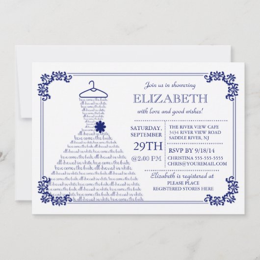 Invitation Fête de l'mariée de la Mariage bleue de la marine  (Devant)