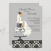 Invitation Fête de l'mariée de la mariée Gray Damask Brunette (Devant / Derrière)