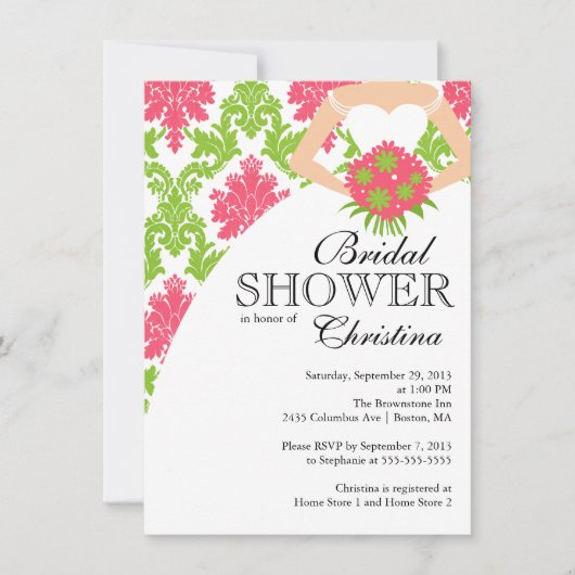 Invitation Fête de l'mariée de mariée moderne rose Damask (Devant)