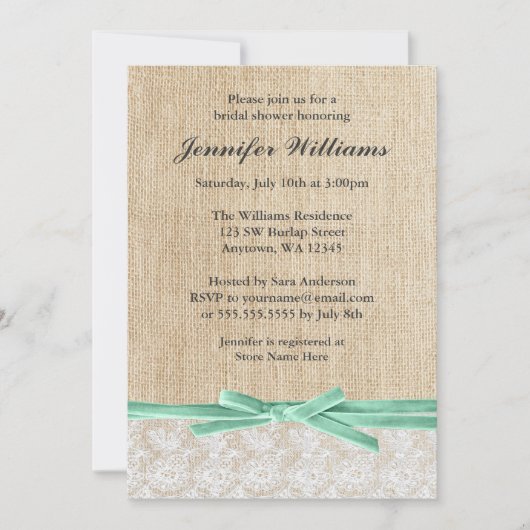 Invitation Fête de l'mariée de ruban à dentelle de Burlap Rus (Devant)