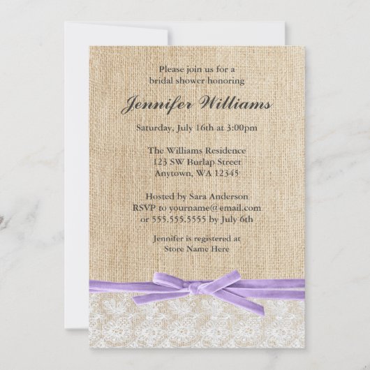 Invitation Fête de l'mariée de ruban à dentelle de Burlap Rus (Devant)