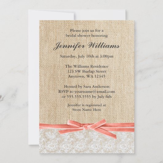 Invitation Fête de l'mariée de ruban de corail à dentelle de  (Devant)