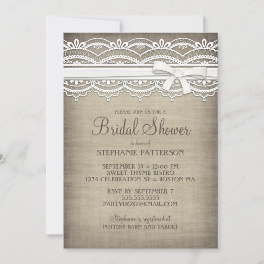 Invitation Fête de l'mariée d'élégance rustique Vintage Lace (Devant)