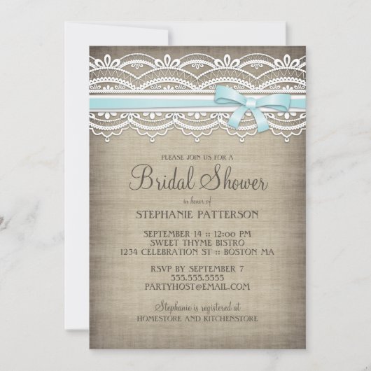 Invitation Fête de l'mariée d'élégance rustique Vintage Lace (Devant)