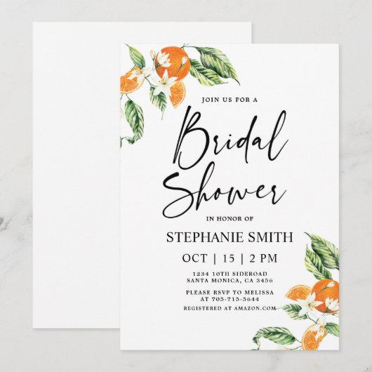 Invitation Fête de l'mariée des oranges d'agrumes (Devant / Derrière)