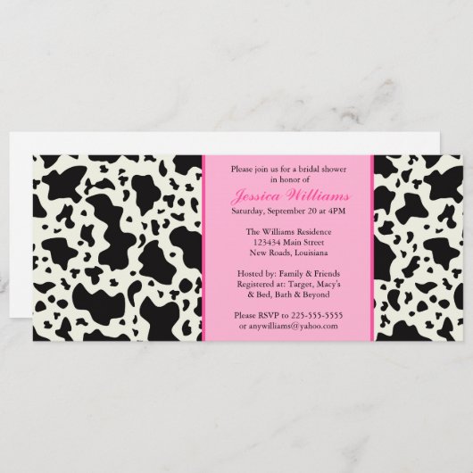 Invitation Fête de l'mariée d'impression de vache rose (Devant / Derrière)