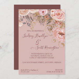 Invitation Fête de l'mariée d'or Rose Floral Boho Bourgogne s