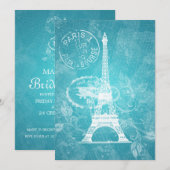 Invitation Fête de l'mariée élégante Paris romantique Bleu (Devant / Derrière)