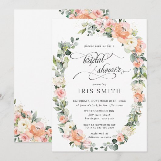 Invitation Fête de l'mariée en germe de fleurs d'ivoire rose (Devant / Derrière)