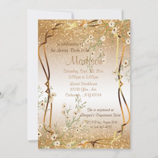 Invitation Fête de l'mariée en Parties scintillant d'or (Dos)