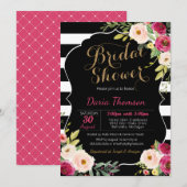 Invitation Fête de l'mariée florale chic noir blanc rayé rose (Devant / Derrière)