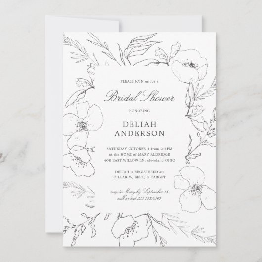 Invitation Fête de l'mariée florale de Peony esquissé à la ma (Devant)