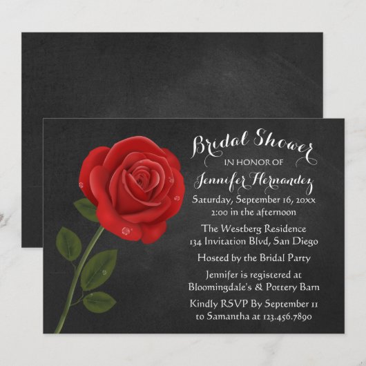 Invitation Fête de l'mariée florale en carton rouge noir (Devant / Derrière)