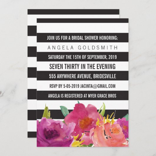 Invitation Fête de l'mariée Florale en noir et blanc (Devant / Derrière)