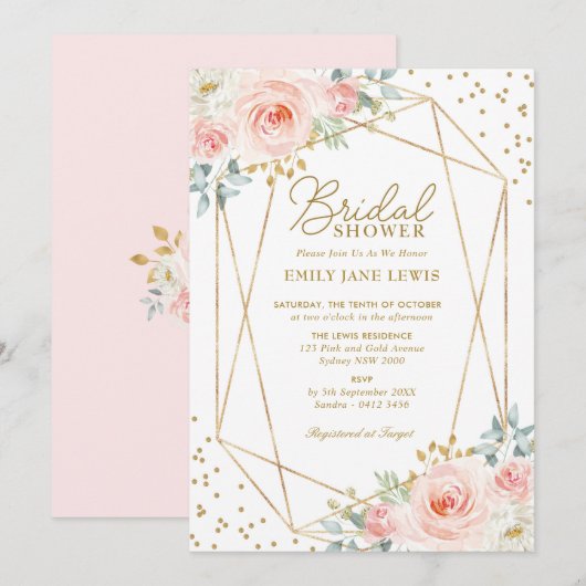 Invitation Fête de l'mariée florale Géométrique Blush Gold Co (Devant / Derrière)