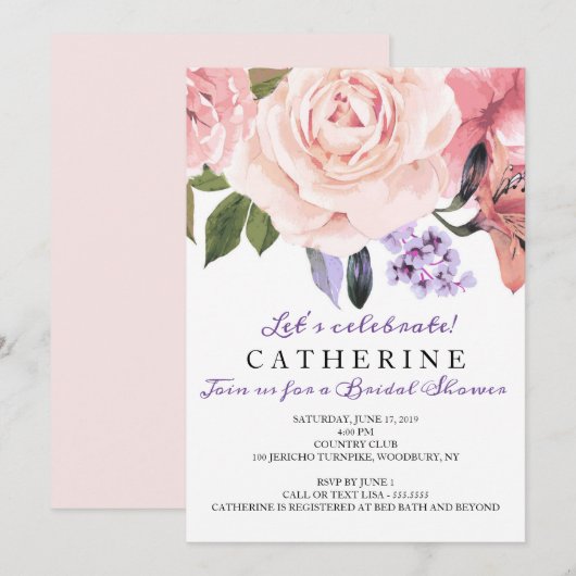 Invitation Fête de l'mariée florale rose et verdoyante (Devant / Derrière)