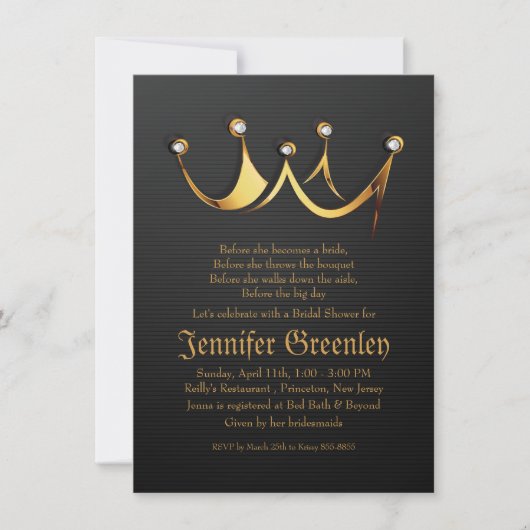 Invitation Fête de l'mariée Gold Royal Queen Crown de 4,5 po  (Devant)