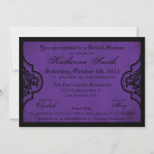Invitation Fête de l'mariée Goth Purple Damask Grunge (Dos)