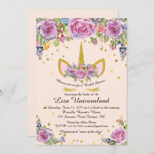 Invitation Fête de l'mariée Honorer, licorne, rose, fleurs