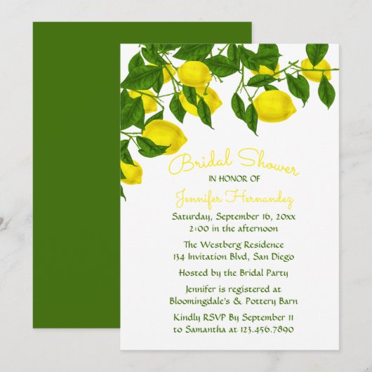 Invitation Fête de l'mariée jaune Citron et aquarelle verte (Devant / Derrière)