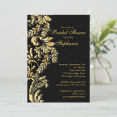 Invitation Fête de l'mariée moderne à feuilles noires d'or (Debout devant)