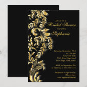 Invitation Fête de l'mariée moderne à feuilles noires d'or (Devant / Derrière)