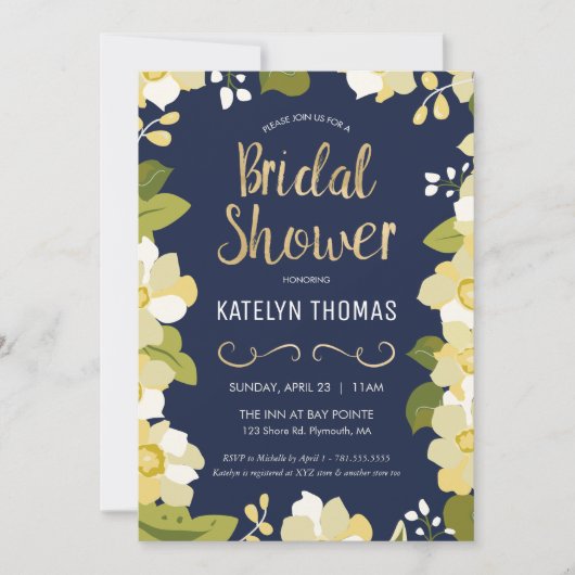 Invitation Fête de l'mariée moderne Florale et Gold (Devant)