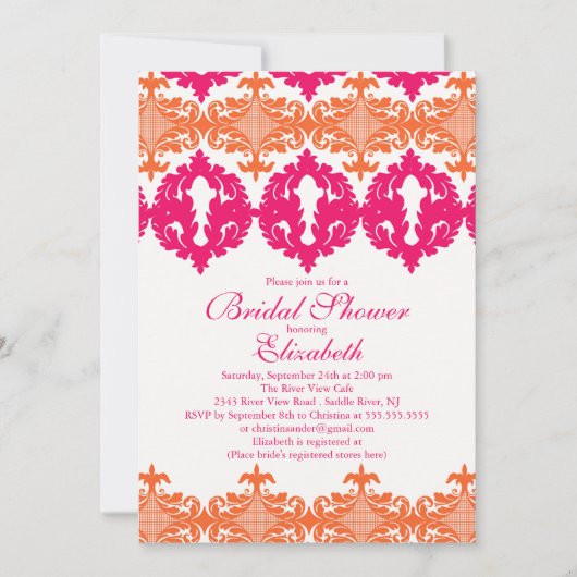 Invitation Fête de l'mariée moderne Fuchsia & Orange Damask (Devant)
