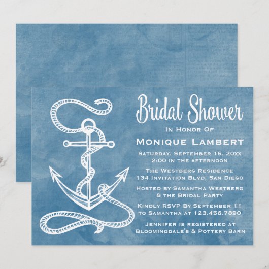 Invitation Fête de l'mariée nautique Ancre d'eau bleu (Devant / Derrière)