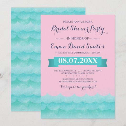 Invitation Fête de l'mariée Nautique Pastel Pink In Sea (Devant / Derrière)