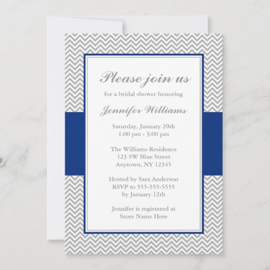 Invitation Fête de l'mariée Navy Blue and Grey Chevron (Devant)