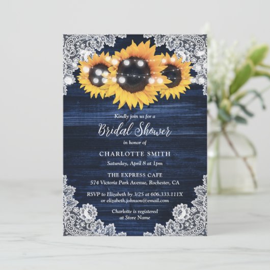 Invitation Fête de l'mariée Navy Blue Wood et Lace Sunflower (Debout devant)