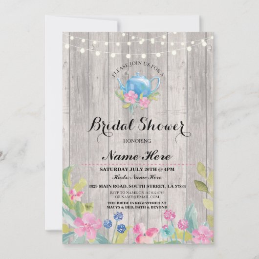 Invitation Fête de l'mariée Party Rustic Teapot Floral Invita (Devant)